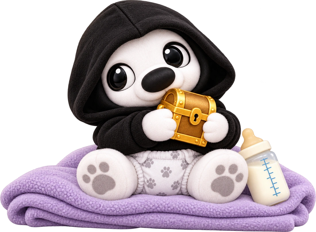Baby REDO hugs a tiny treasure chest